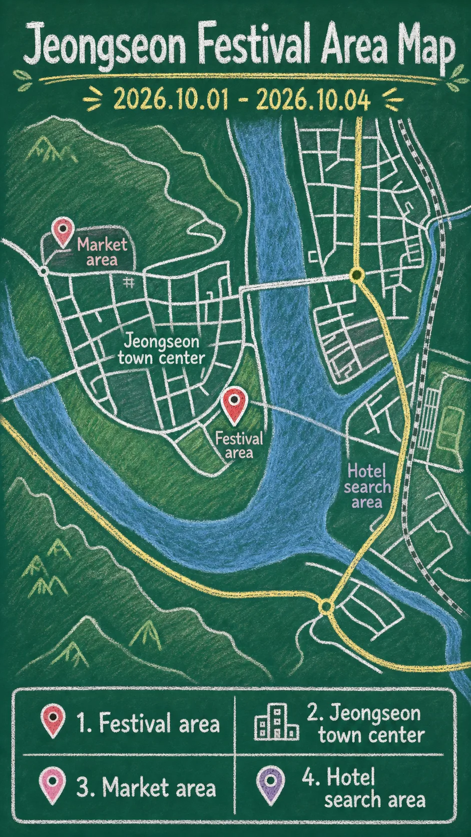 2026 Jeongseon Arirang Festival Hotel Guide: Dates, Location, Travel Tips, and Where to Stay English chalkboard map redrawn from the source map