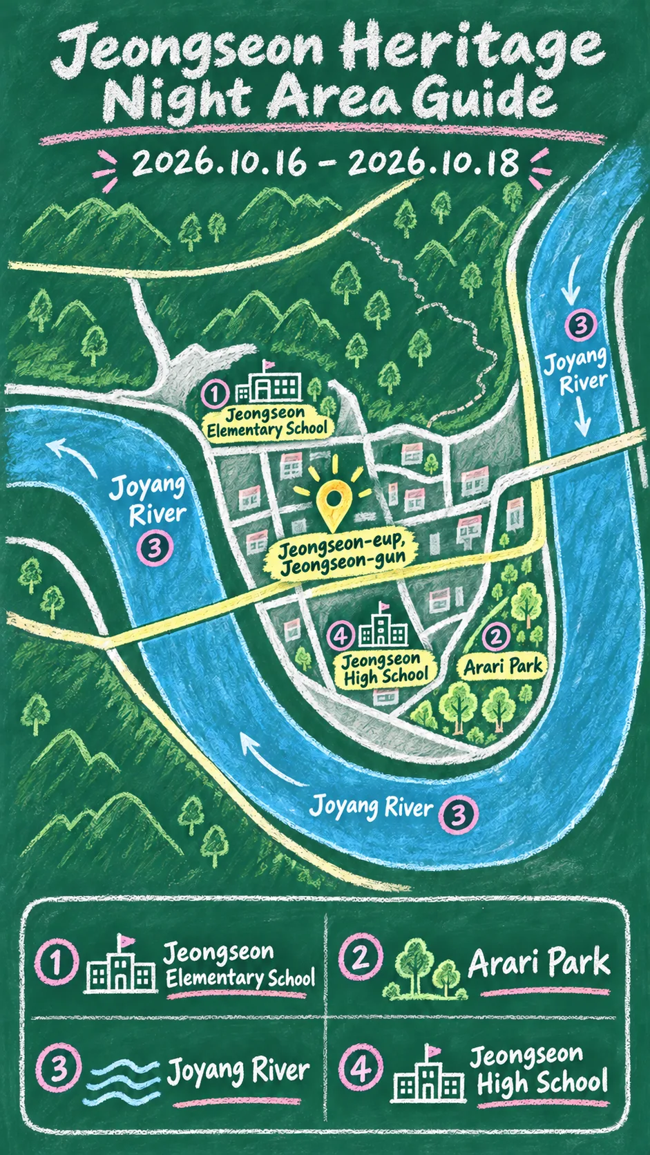 2026 Jeongseon Heritage Night: Dates, Location, What to Bring, and Where to Stay English chalkboard map redrawn from the source map
