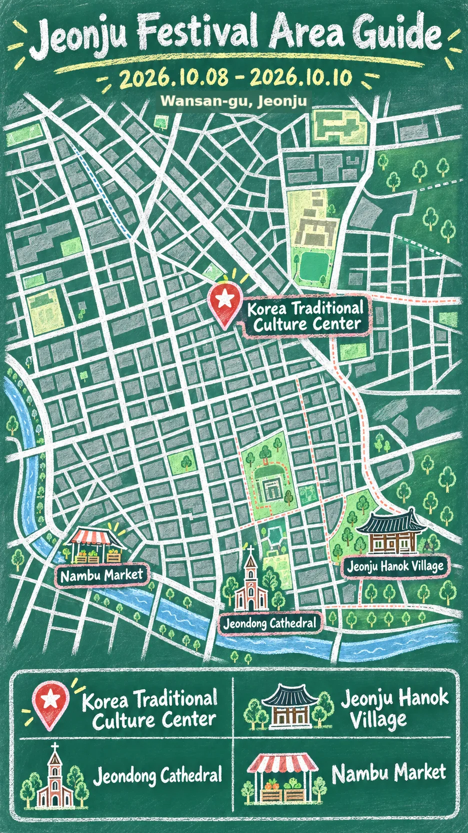 2026 Jeonju Hanji Culture Festival: Dates, Venue and Where to Stay English chalkboard map redrawn from the source map