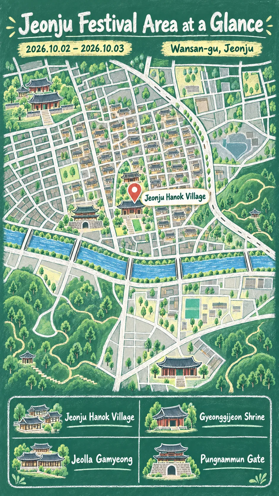 2026 Jeonju National Heritage Night Festival: Dates, Route and Where to Stay English chalkboard map redrawn from the source map