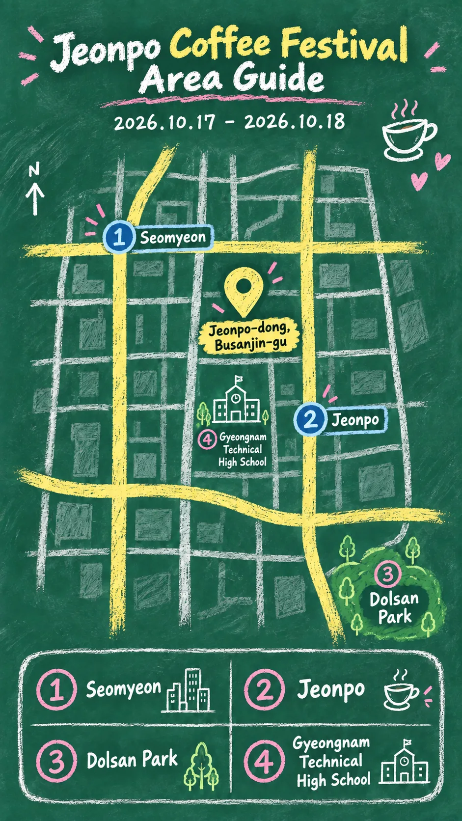 2026 Jeonpo Coffee Festival: Dates, Location and Hotel Guide English chalkboard map redrawn from the source map