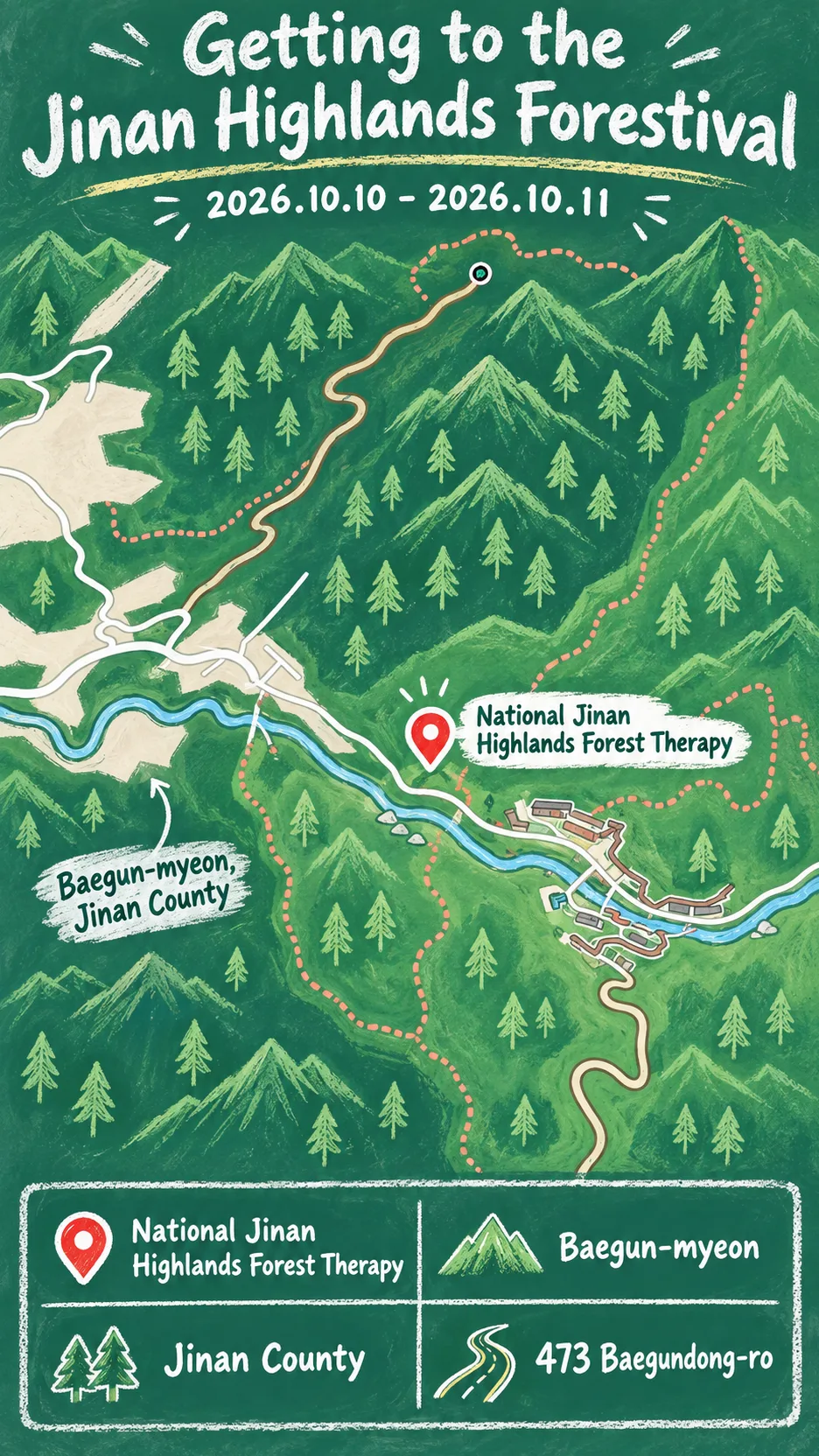 2026 Jinan Highlands Forestival Guide: Trails, Transport and Where to Stay English chalkboard map redrawn from the source map