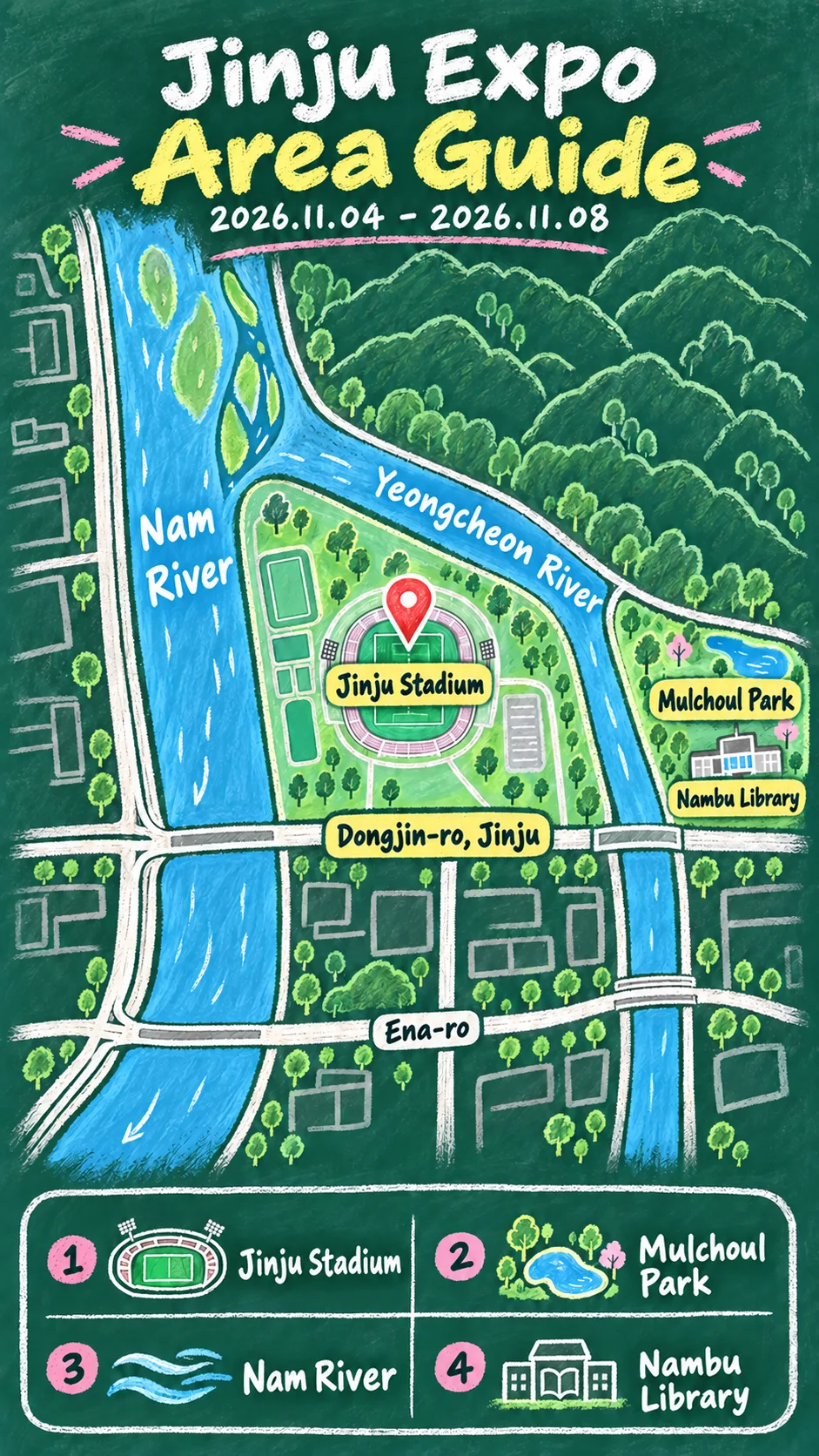 2026 Jinju International Agriculture & Food Expo: Visitor and Hotel Guide English chalkboard map redrawn from the source map