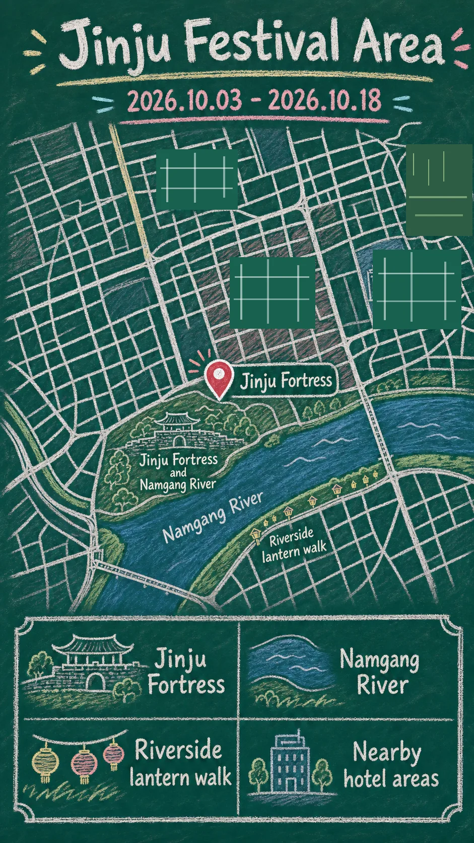 2026 Jinju Namgang Yudeung Festival: Where to Stay and How to Plan Your Visit English chalkboard map redrawn from the source map