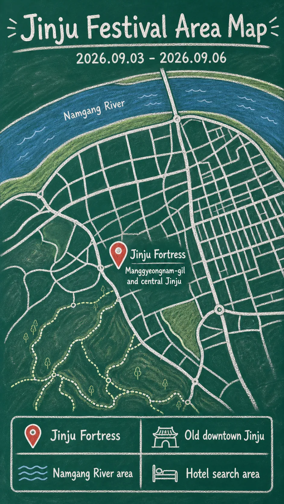 2026 Jinju National Heritage Night: Dates, Area Guide, and Where to Stay English chalkboard map redrawn from the source map