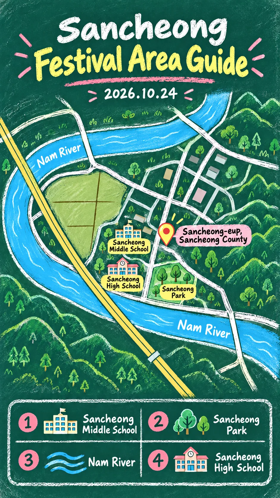 2026 Jirisan Picnic Walking Festival: Dates, Route, Packing Tips, and Where to Stay in Sancheong English chalkboard map redrawn from the source map