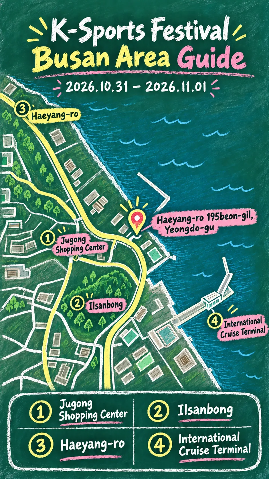 2026 K-Sports Festival Busan: Dates, Location, Packing Tips and Where to Stay English chalkboard map redrawn from the source map