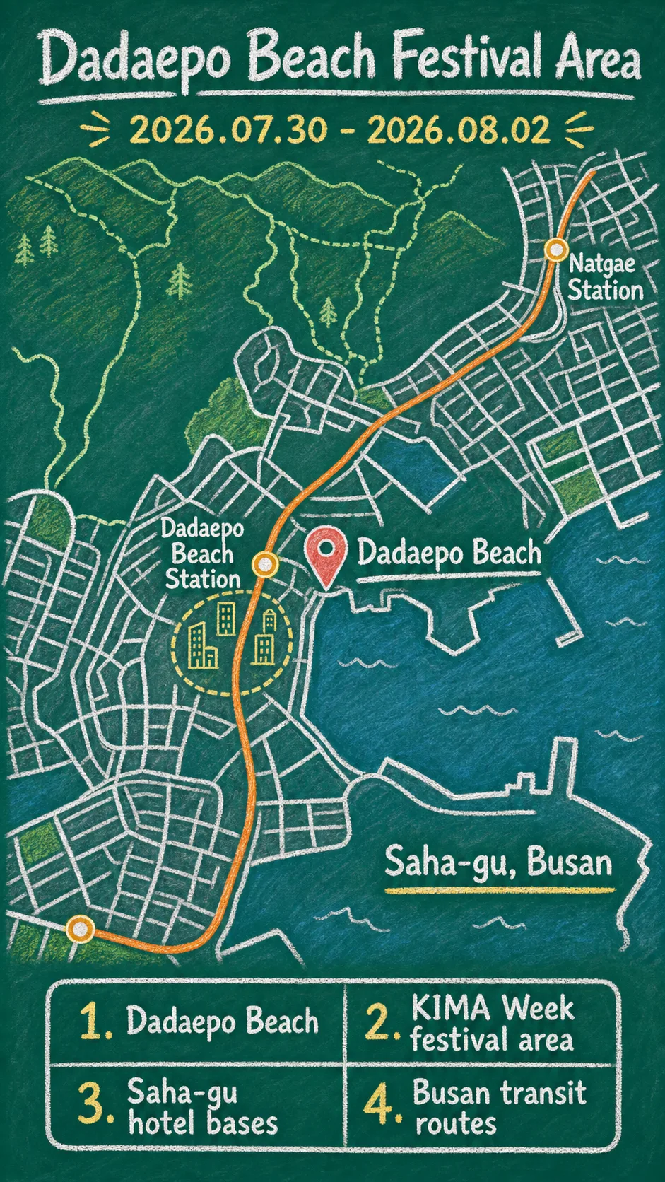 2026 KIMA Week in Busan: Dadaepo Beach Festival Guide and Where to Stay English chalkboard map redrawn from the source map