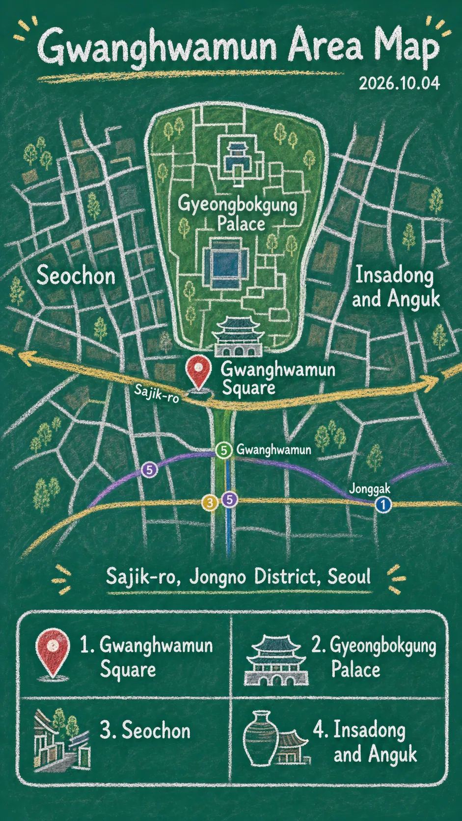2026 King Jeongjo Royal Procession Reenactment: Seoul Location, Travel Tips, and Hotel Base Guide English chalkboard map redrawn from the source map