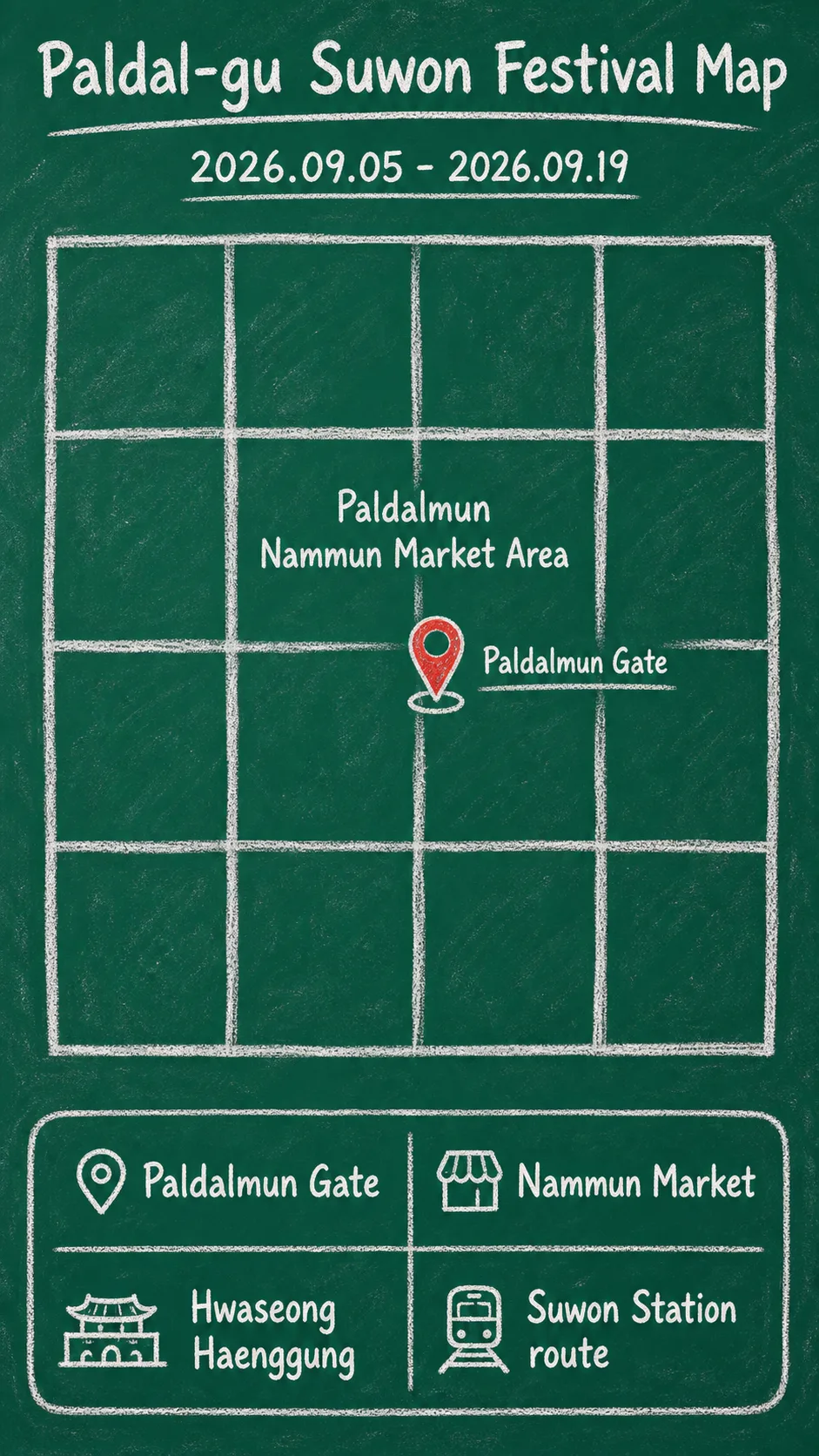 2026 King's Night Market: Bulchwimugwi in Suwon - Dates, Location, Tips, and Where to Stay English chalkboard map redrawn from the source map
