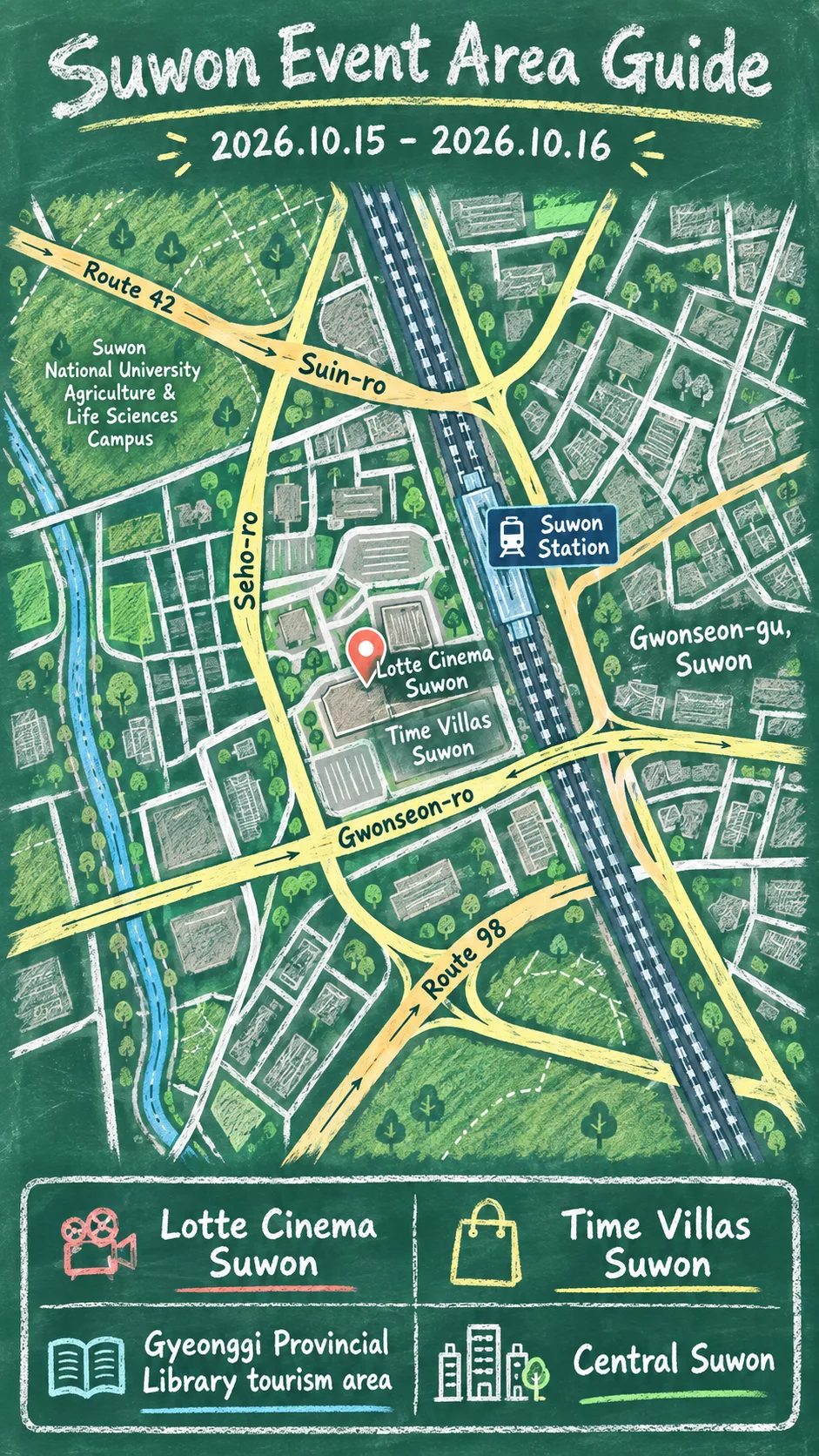 2026 Korea AI Content Awards: Suwon Venue and Hotel Guide English chalkboard map redrawn from the source map