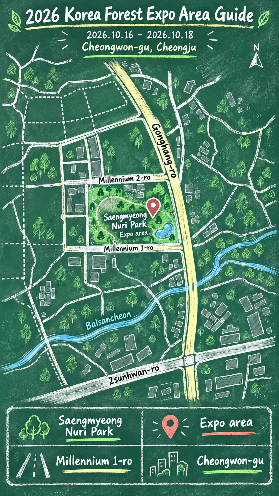 2026 Korea Forest Expo: Dates, Location and Where to Stay in Cheongju English chalkboard map redrawn from the source map