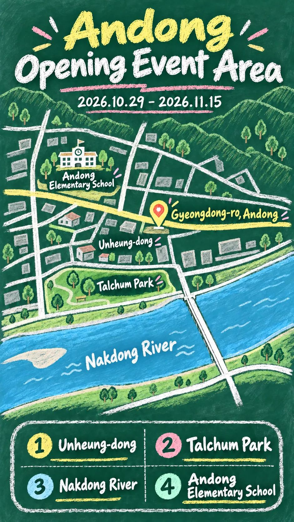 2026 Korea Grand Festival: Dates, Andong Opening Event and Where to Stay English chalkboard map redrawn from the source map