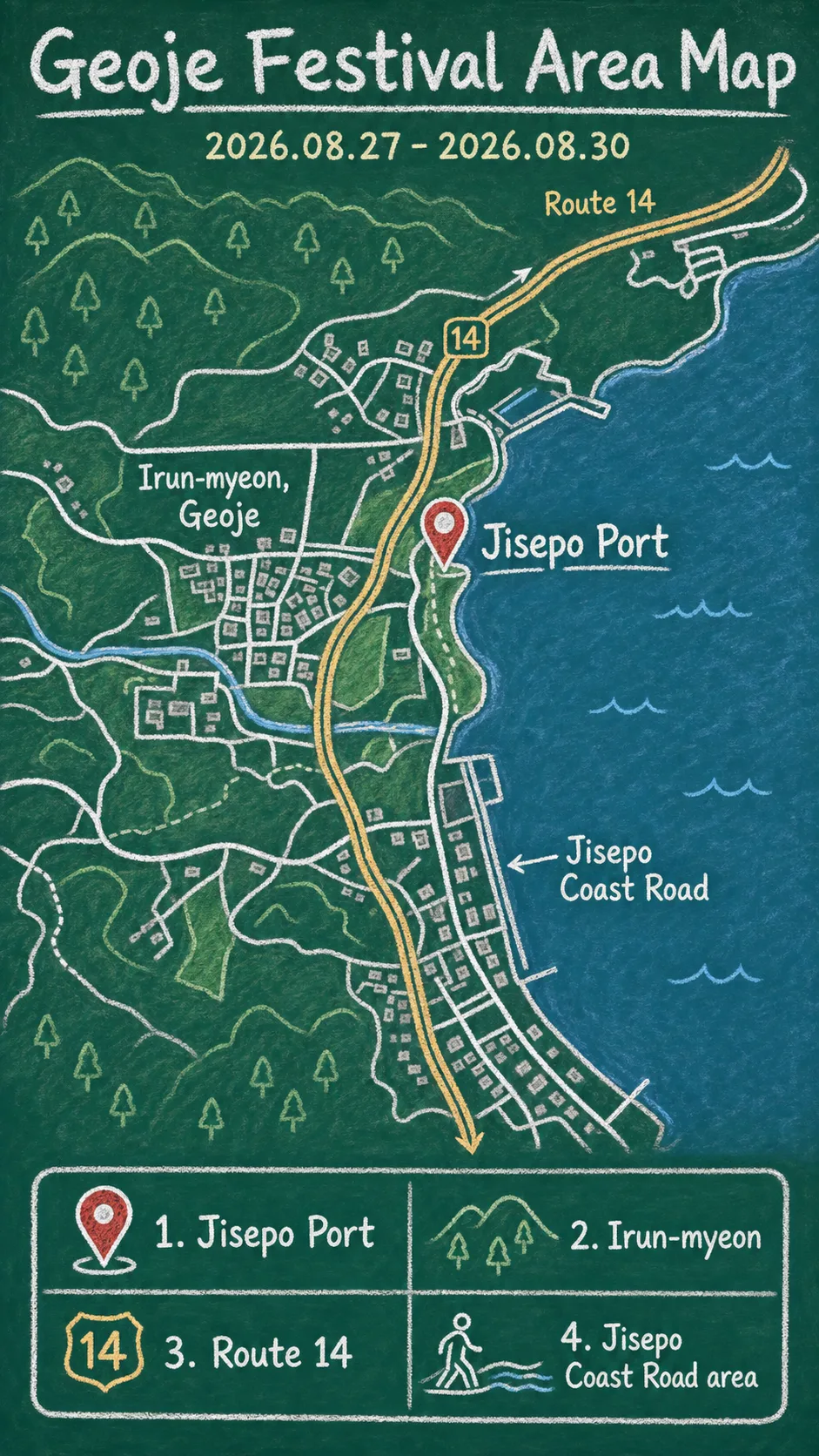2026 Korea National Marine Sports Festival in Geoje: Travel and Hotel Base Guide English chalkboard map redrawn from the source map