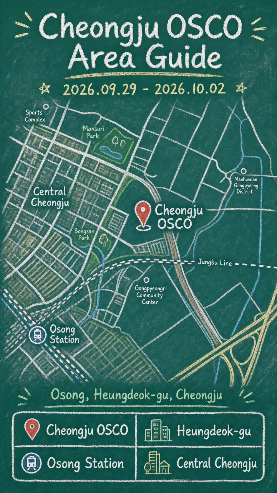 2026 Korea Urban and Regional Innovation Industry Expo: Cheongju OSCO Hotel and Travel Guide English chalkboard map redrawn from the source map