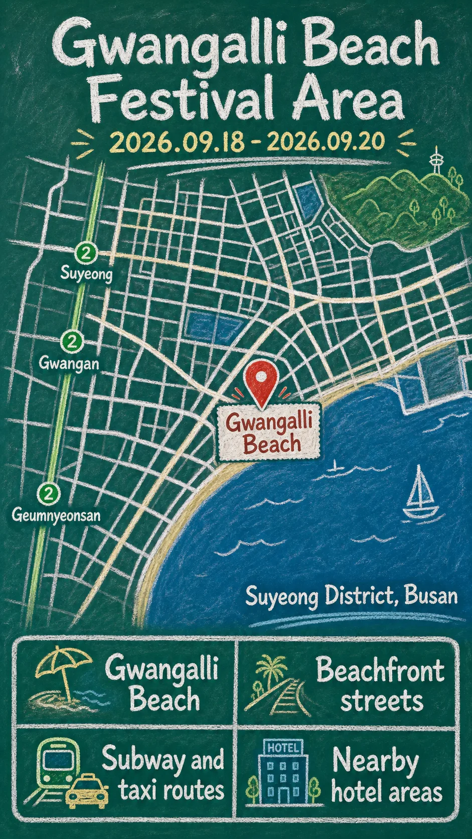 2026 Korea Youth Day Festival in Busan: Dates, Gwangalli Beach Area, and Where to Stay English chalkboard map redrawn from the source map