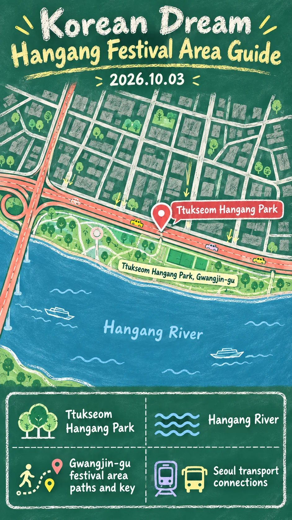 2026 Korean Dream Hangang Festival: Location, Travel Tips and Hotels English chalkboard map redrawn from the source map