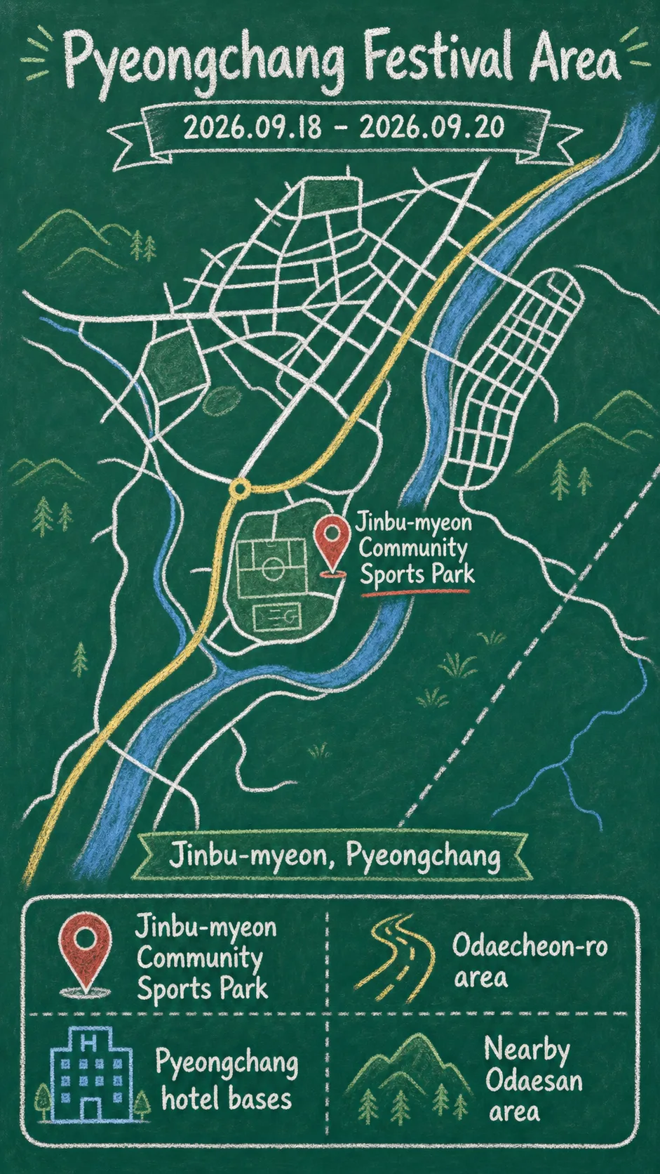 2026 67th Korean Folk Arts Festival: Pyeongchang Dates, Venue, Travel Tips, and Hotel Bases English chalkboard map redrawn from the source map