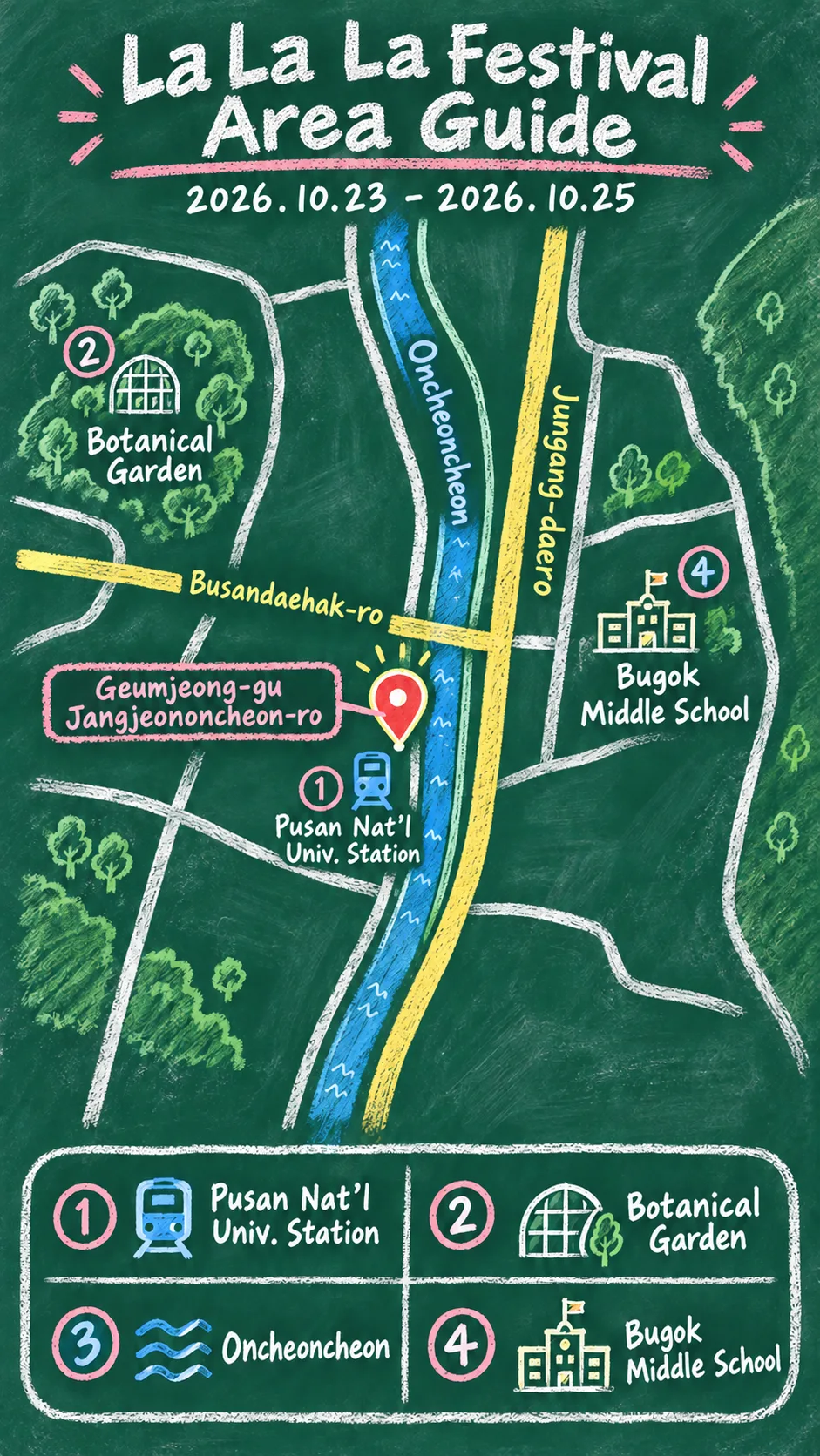 2026 La La La Festival in Busan: Dates, Location and Where to Stay English chalkboard map redrawn from the source map