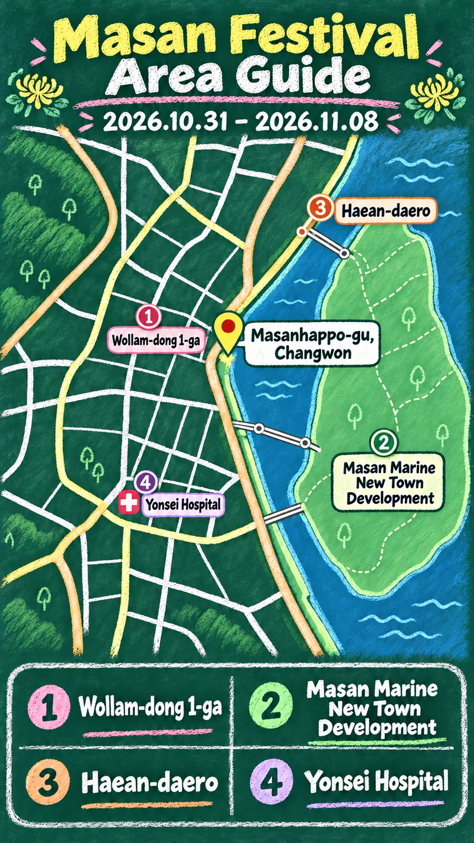 2026 Masan Gagopa Chrysanthemum Festival: Dates, Location and Where to Stay English chalkboard map redrawn from the source map