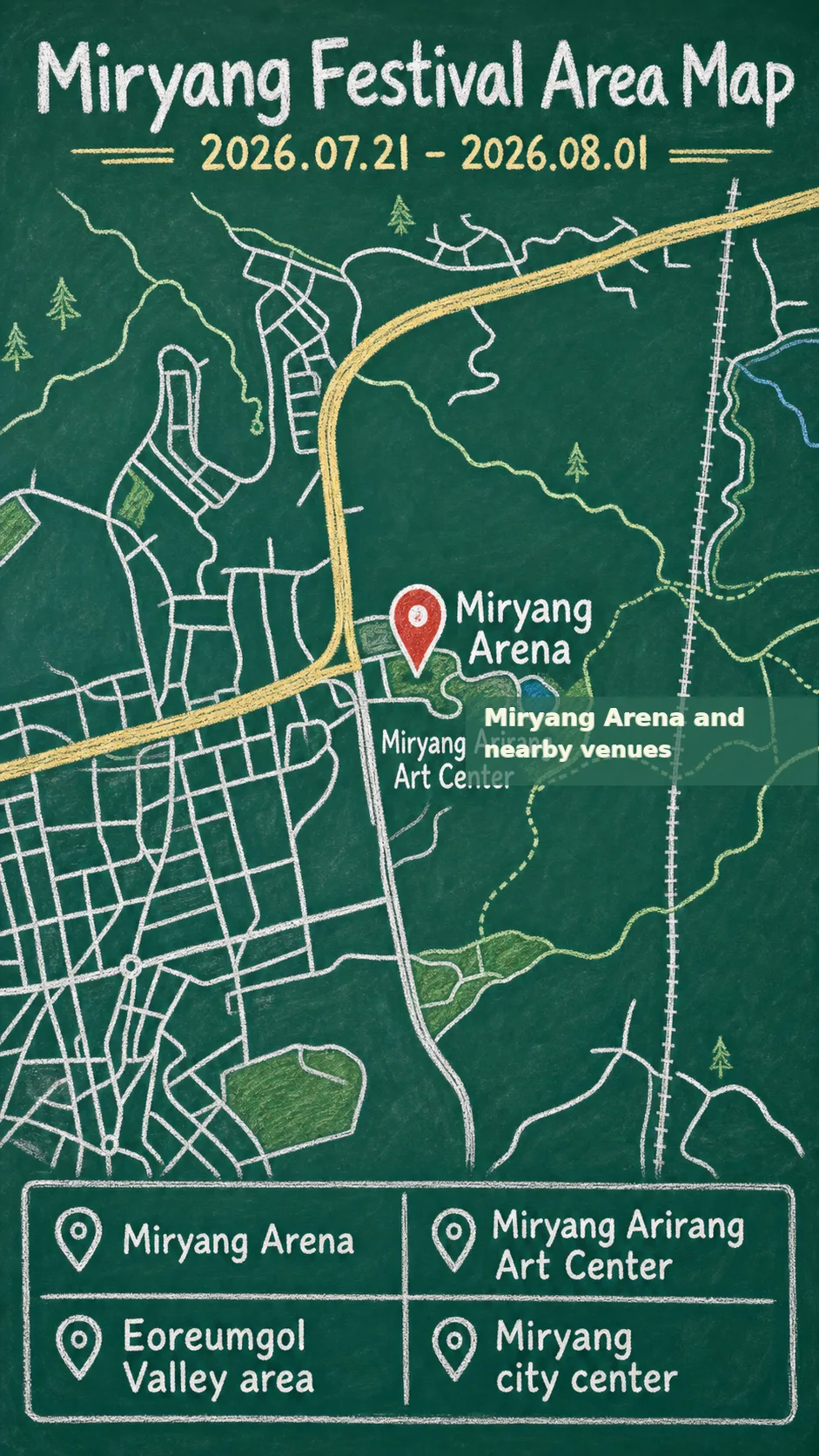 2026 Miryang Performing Arts Festival: Where to Stay and How to Plan Your Visit English chalkboard map redrawn from the source map