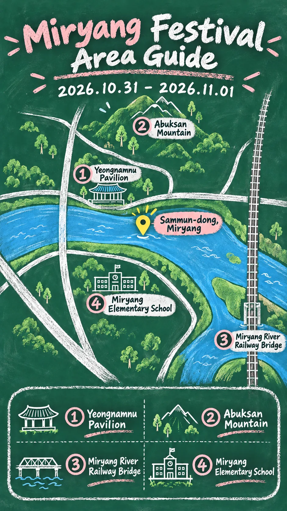 2026 Miryang Spicy Food Festival: Dates, Location and Where to Stay English chalkboard map redrawn from the source map
