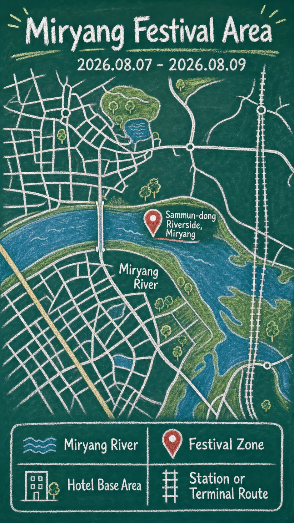 2026 Miryang Super Festival Hotel Guide: Dates, Location, Packing Tips, and Where to Stay English chalkboard map redrawn from the source map