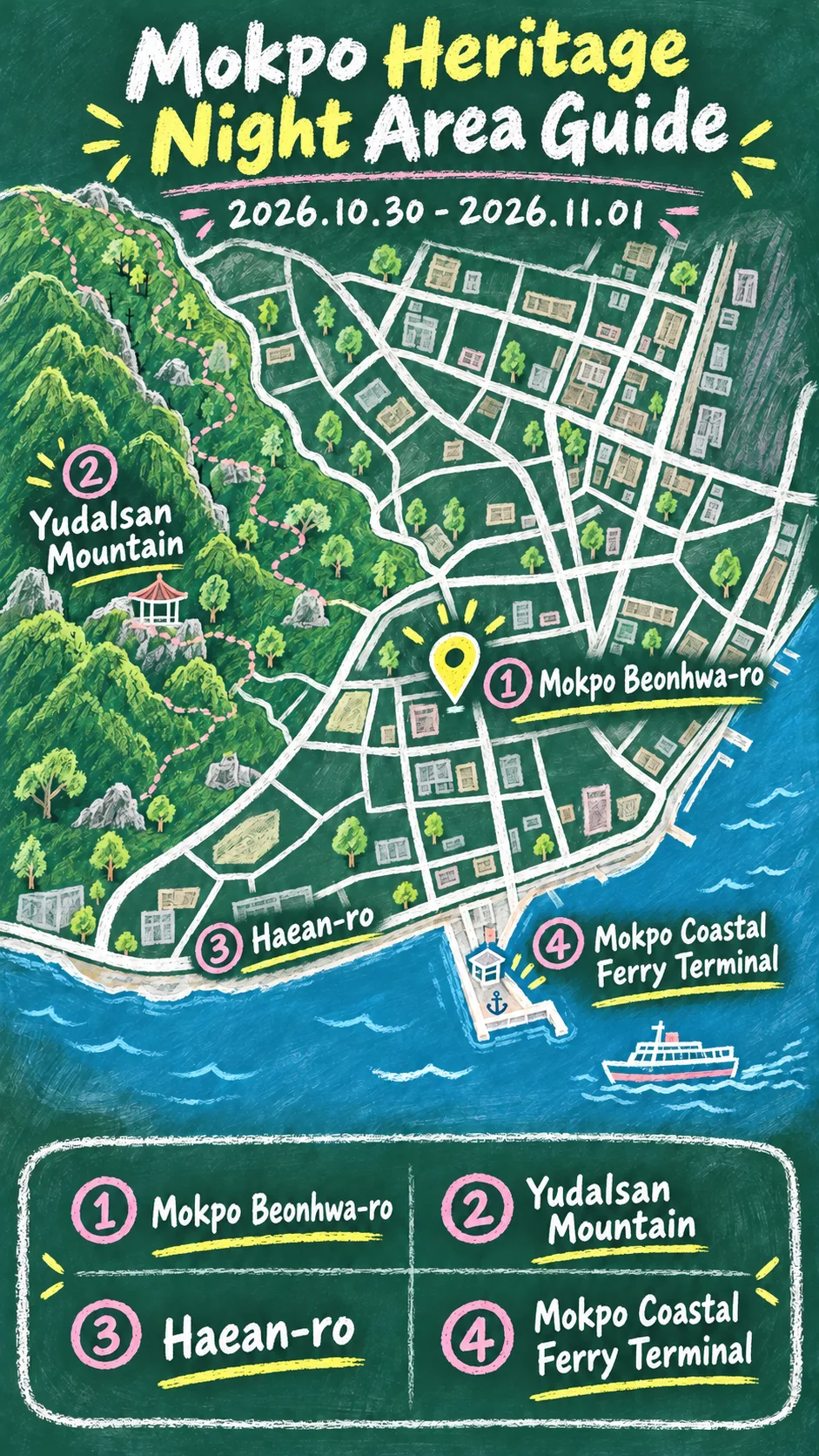 2026 Mokpo National Heritage Night: Dates, Location and Where to Stay English chalkboard map redrawn from the source map