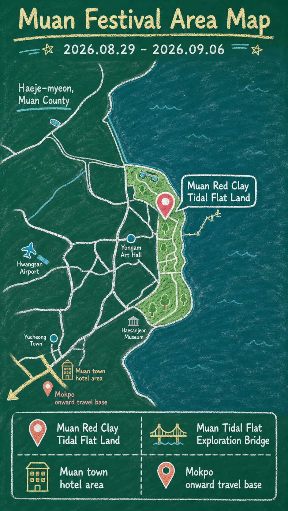 2026 Muan Red Clay Tidal Flat Festival: Dates, Location, What to Pack, and Where to Stay English chalkboard map redrawn from the source map