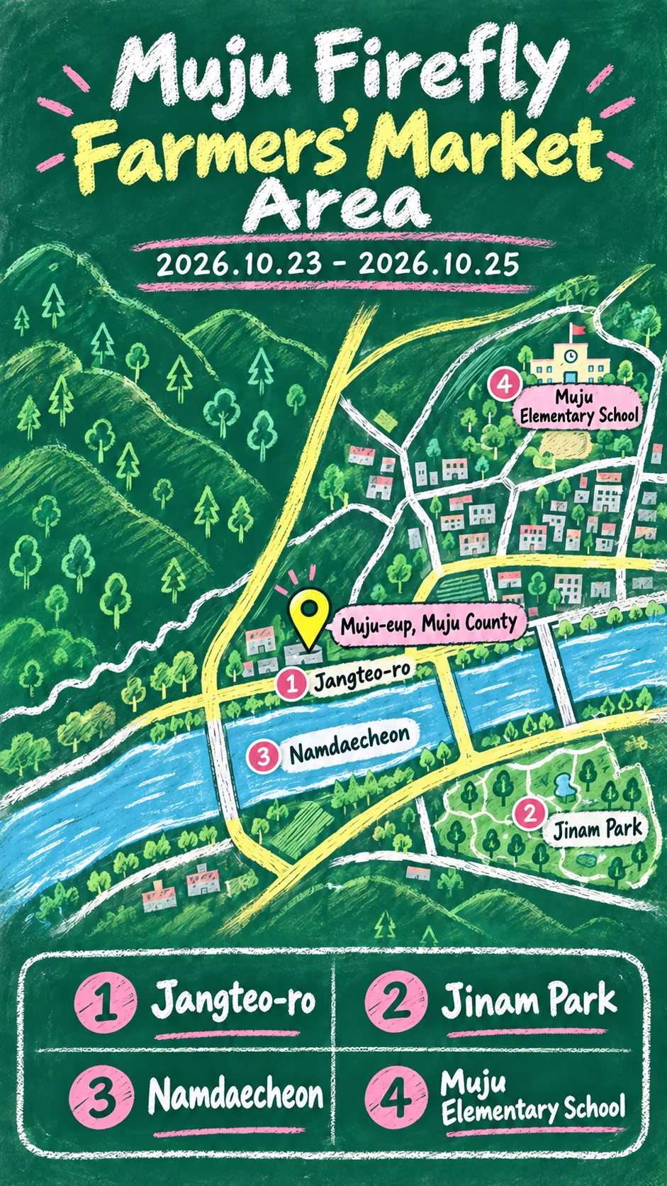 2026 Muju Firefly Farmers’ Market: Dates, Location and Where to Stay English chalkboard map redrawn from the source map