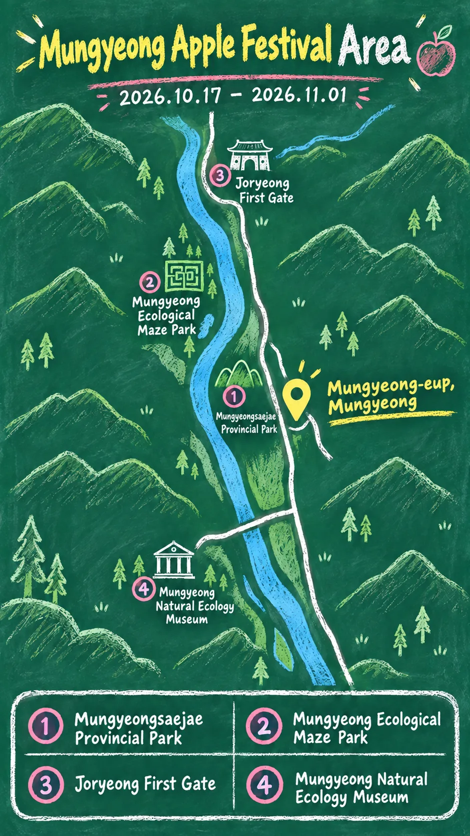 2026 Mungyeong Apple Festival: Dates, Location and Hotel Guide English chalkboard map redrawn from the source map