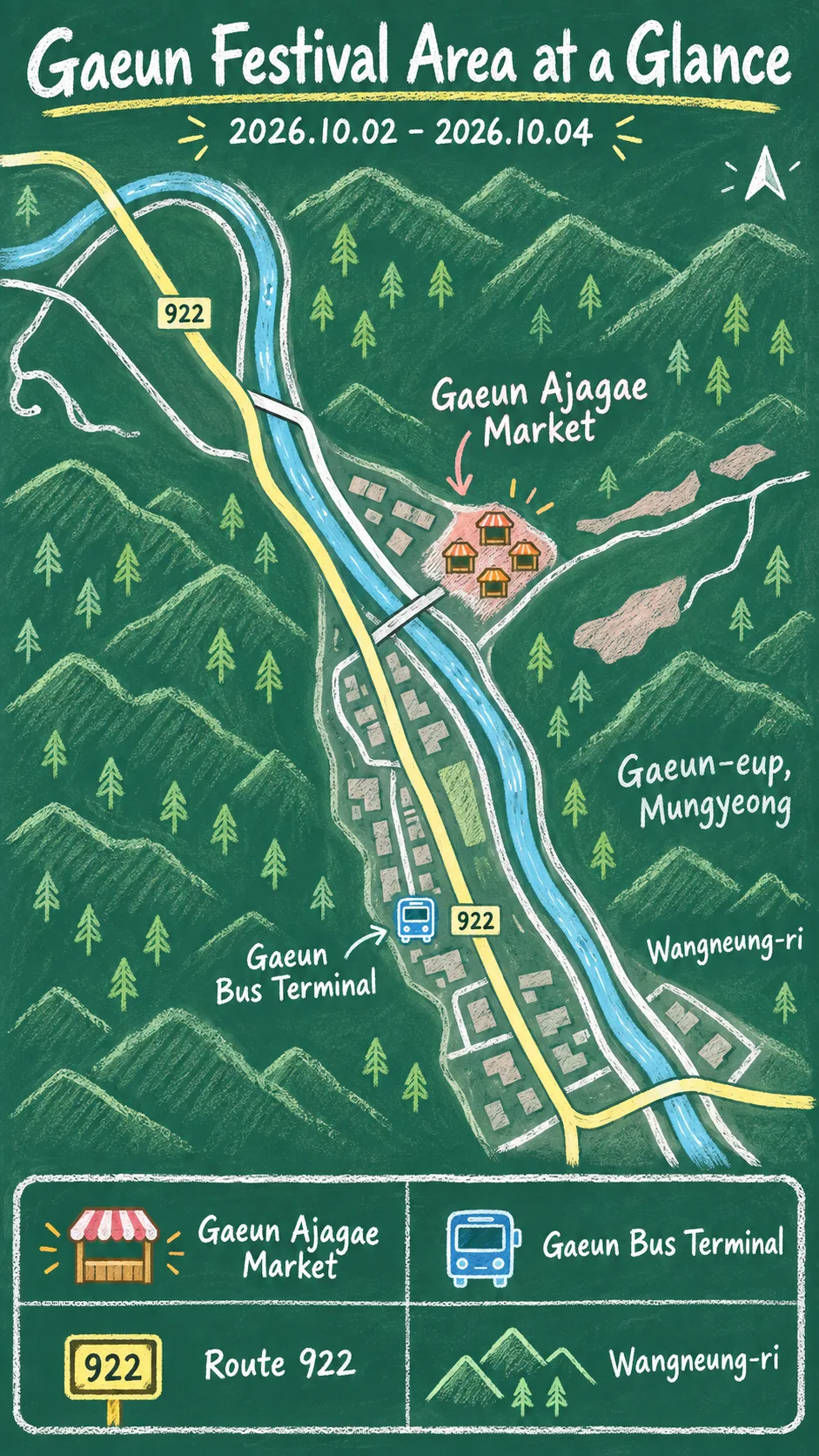 2026 Mungyeong Gaeun Ajagae Market Festival: Hotel and Travel Guide English chalkboard map redrawn from the source map