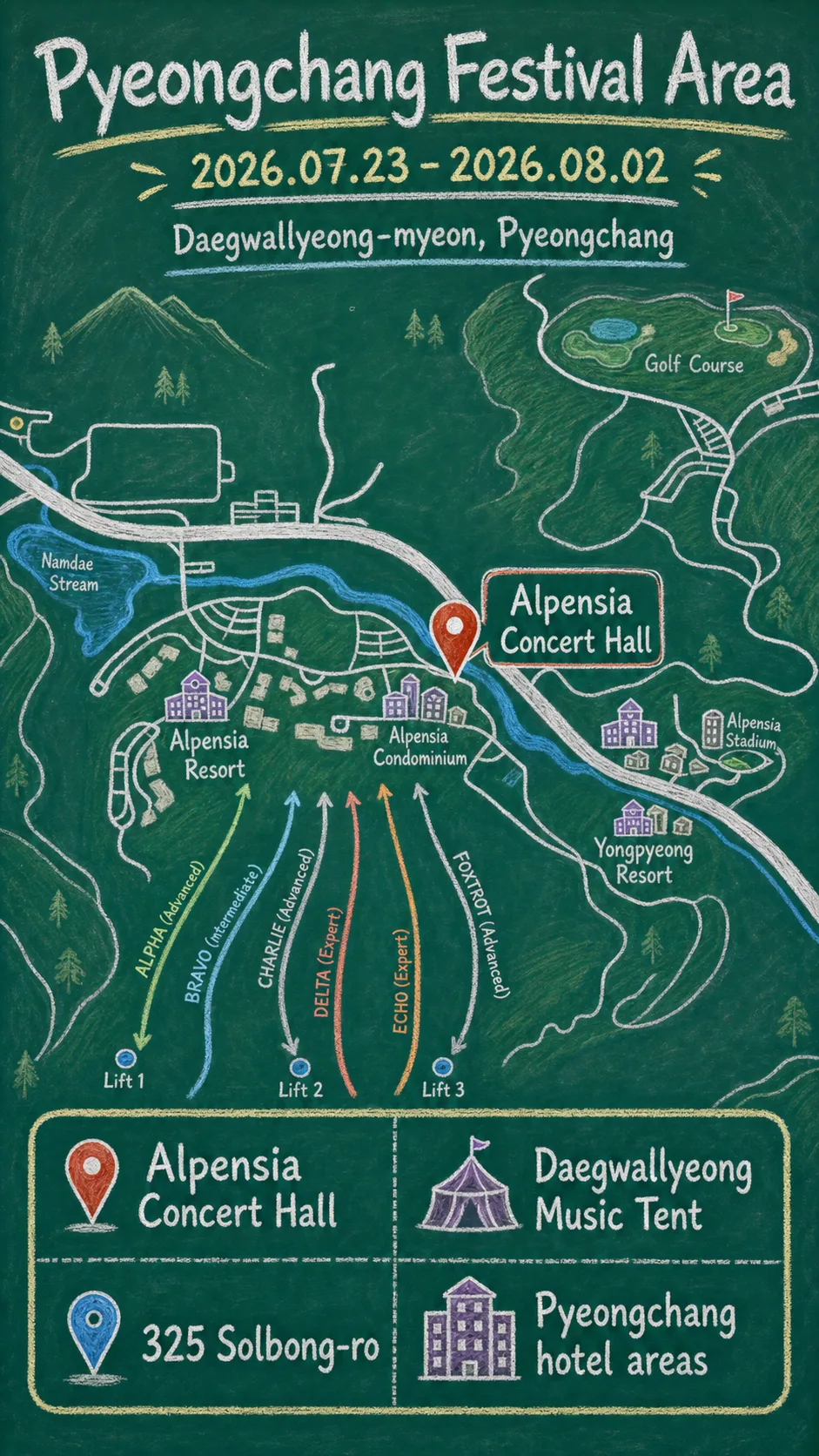 2026 Music in PyeongChang: Festival Dates, Venues, and Where to Stay English chalkboard map redrawn from the source map