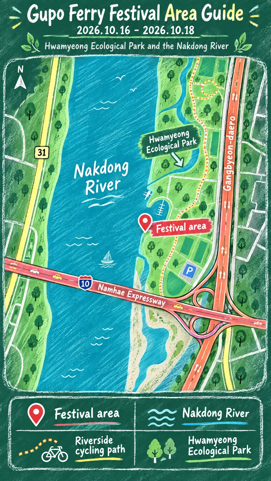 2026 Nakdong River Gupo Ferry Festival: Dates, Location and Where to Stay English chalkboard map redrawn from the source map