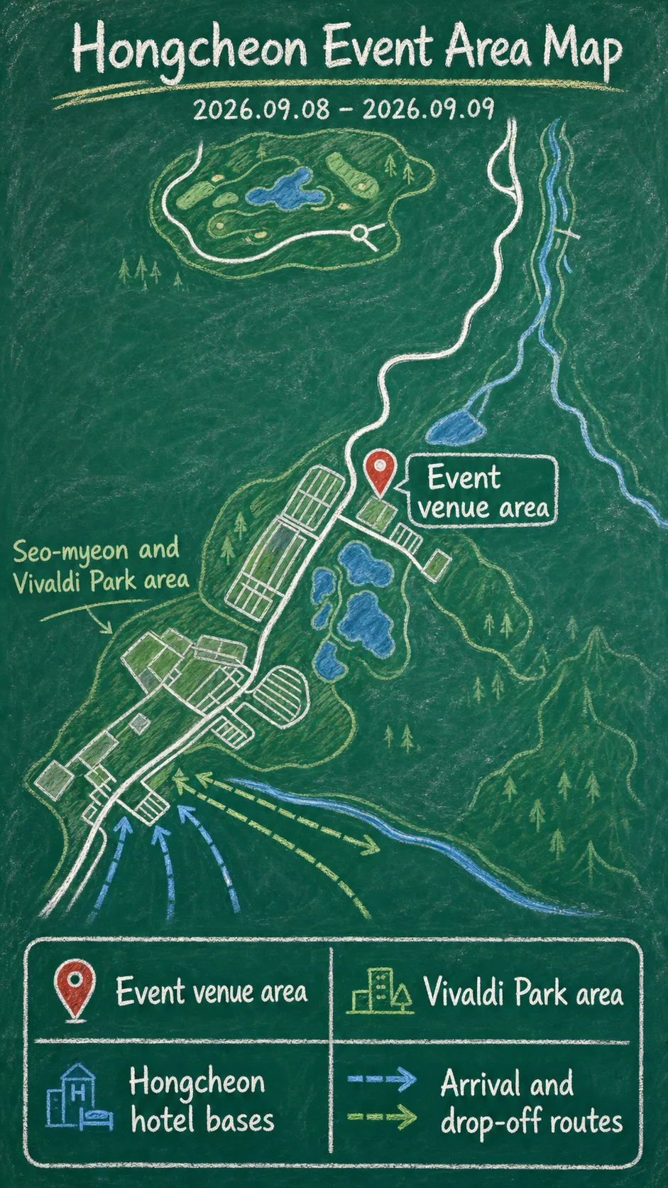 2026 National e-Festival for Students with Disabilities: Hongcheon Travel and Hotel Base Guide English chalkboard map redrawn from the source map