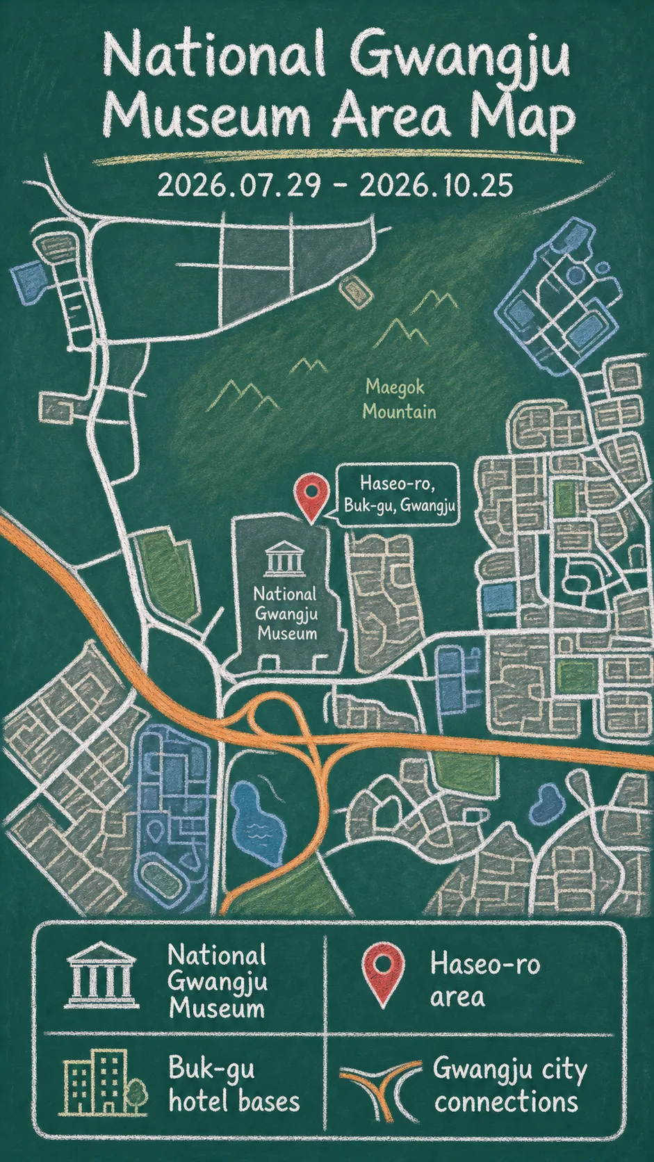 National Gwangju Museum Pottery Exhibition 2026: Dates, Visitor Tips, and Where to Stay in Gwangju English chalkboard map redrawn from the source map