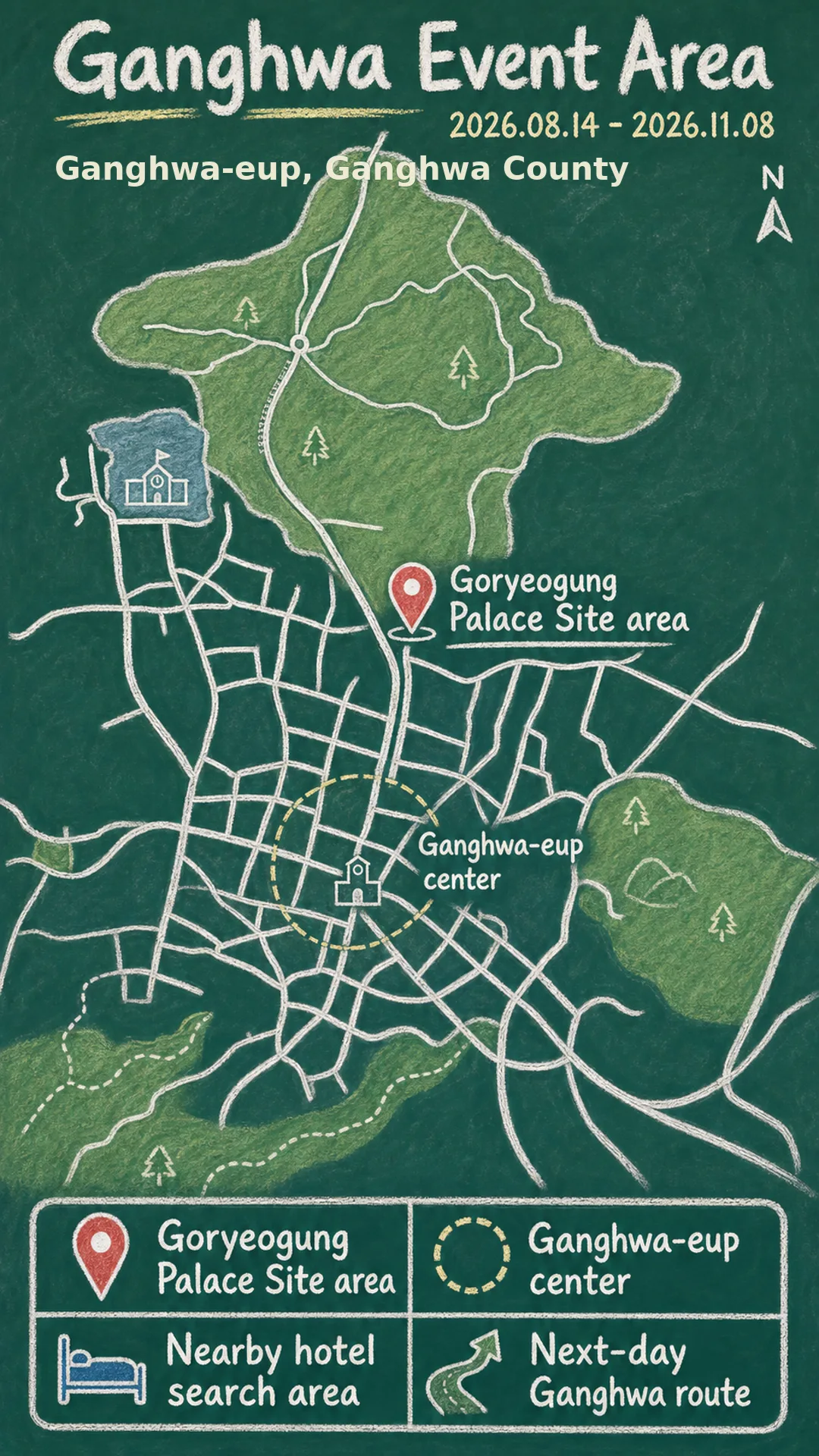 2026 National Heritage Media Art in Ganghwa: Dates, Location and Hotel Base Tips English chalkboard map redrawn from the source map