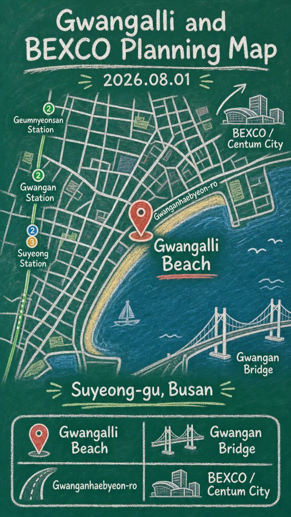 2026 Night Race in Busan: Where to Stay Near Gwangalli and BEXCO English chalkboard map redrawn from the source map