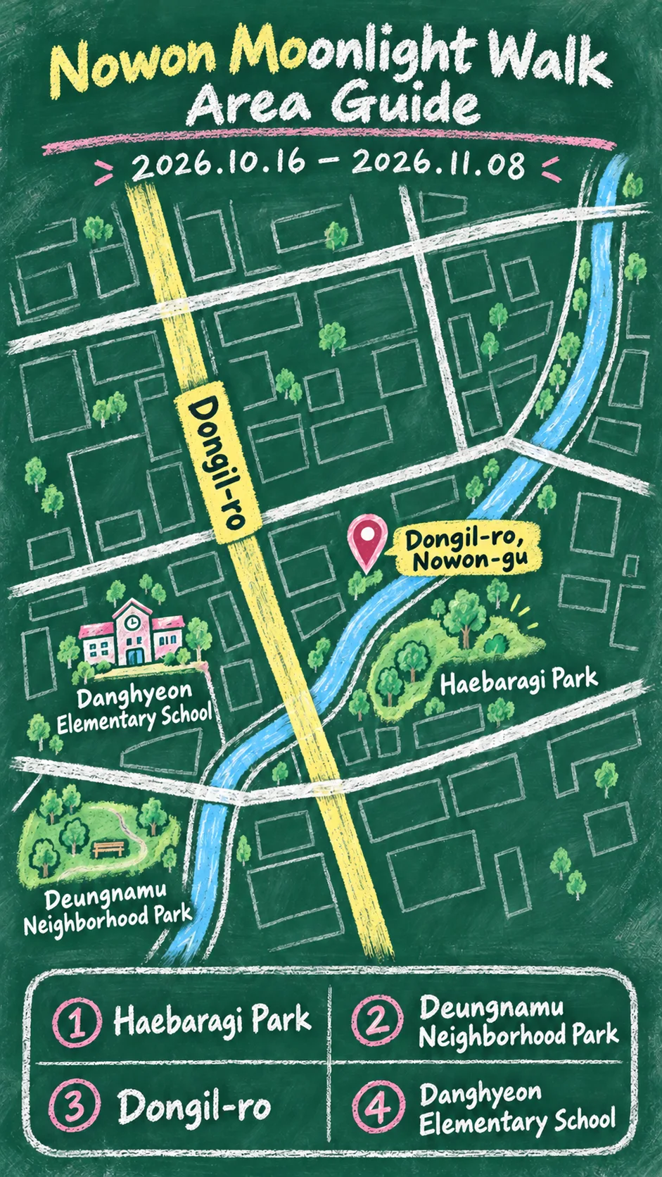 2026 Nowon Moonlight Walk: Dates, Location and Where to Stay English chalkboard map redrawn from the source map