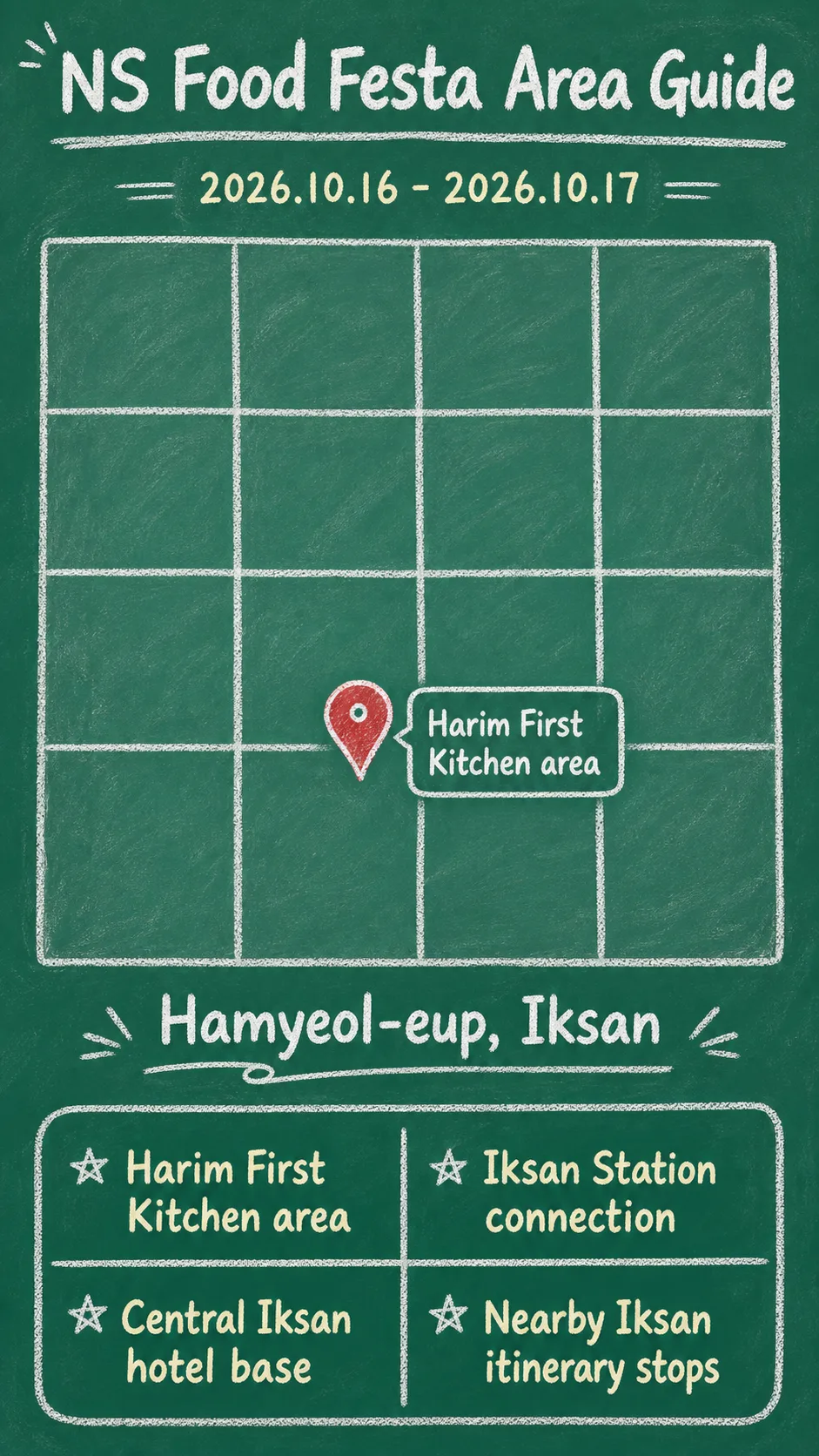 2026 NS Food Festa in Iksan: Dates, Location, Travel Tips, and Where to Stay English chalkboard map redrawn from the source map