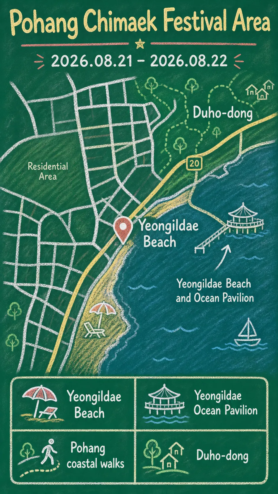 2026 Pohang Chimaek Festival Hotel Guide: Yeongildae Beach Stays and Late-Night Tips English chalkboard map redrawn from the source map