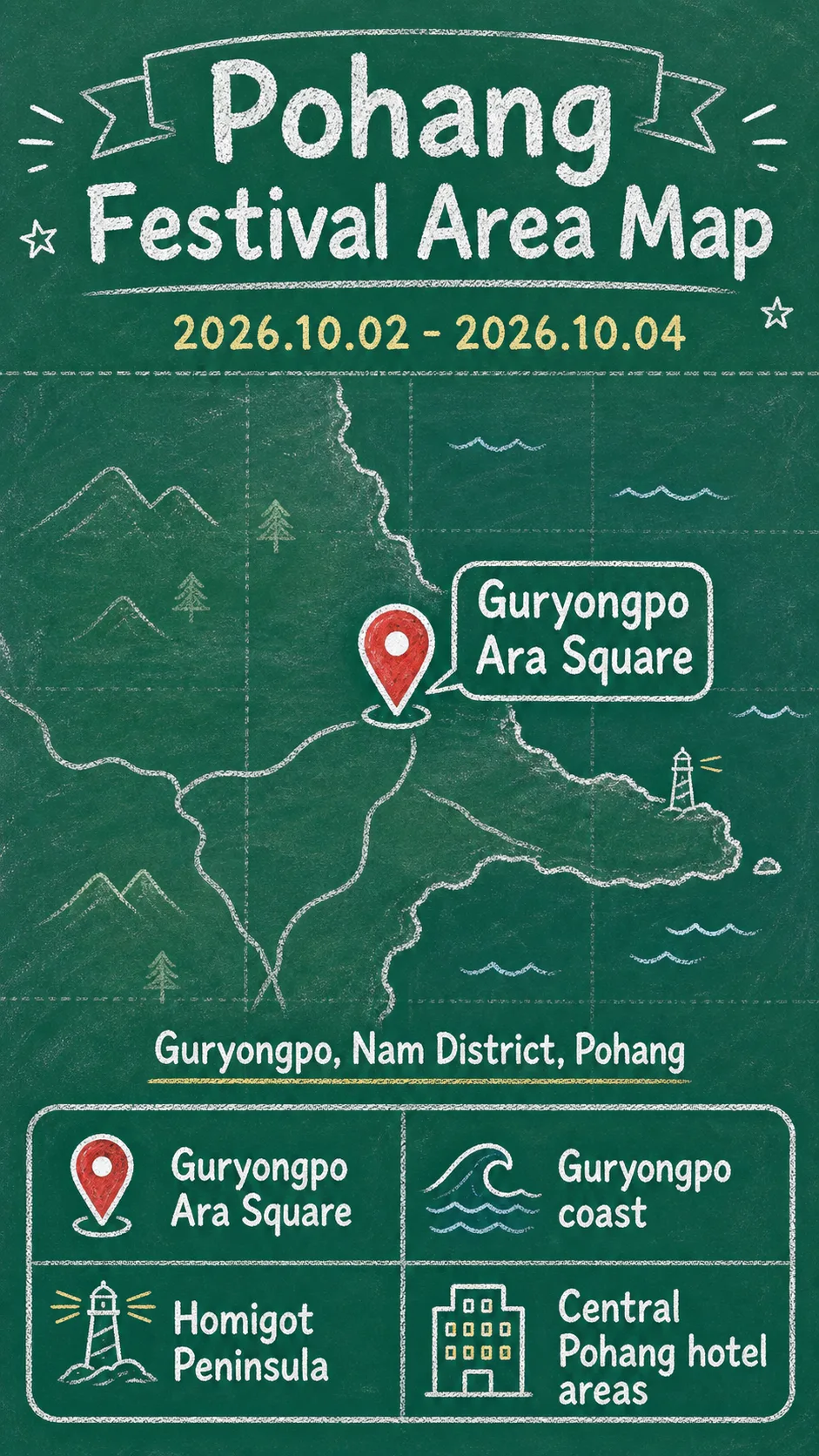 2026 Pohang Haetteumyeon Noodle Festival Guide: Dates, Guryongpo Location, Packing Tips, and Hotel Bases English chalkboard map redrawn from the source map