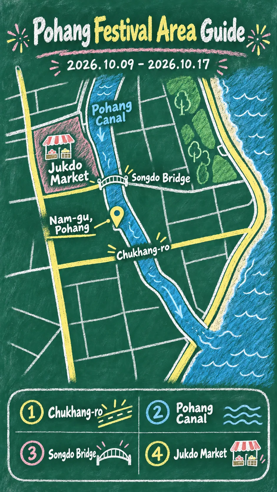 2026 Pohang Night of Falling Fire: Dates, Location, Travel Tips and Hotels English chalkboard map redrawn from the source map