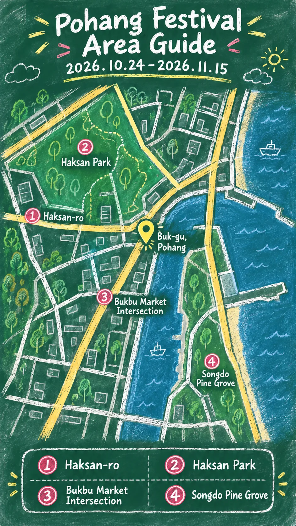 2026 Pohang Steel Art Festival: Dates, Venues and Where to Stay English chalkboard map redrawn from the source map