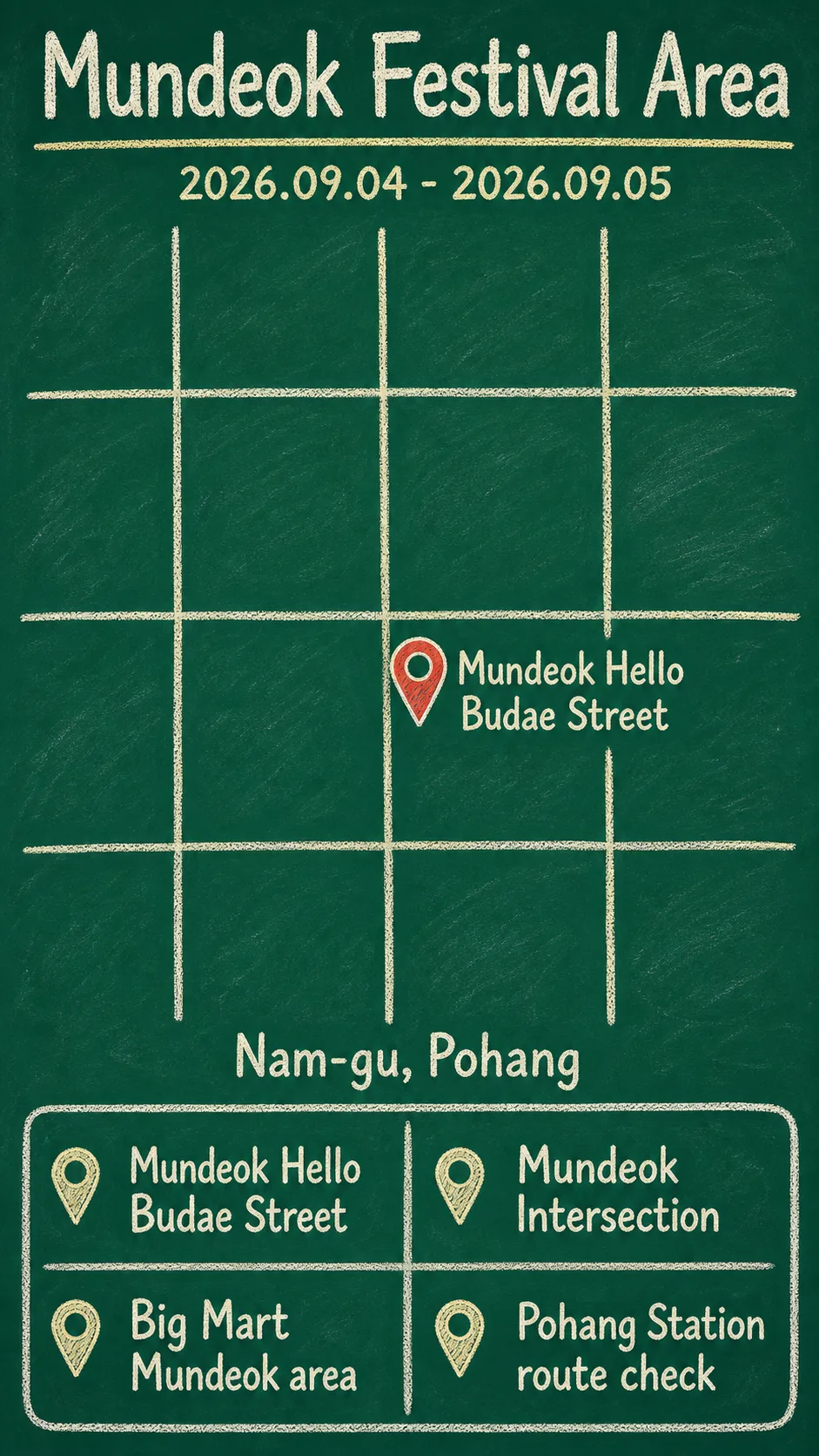 2026 Pohang Ten Tastes Night Food Festival: Dates, Location, Travel Tips, and Where to Stay English chalkboard map redrawn from the source map