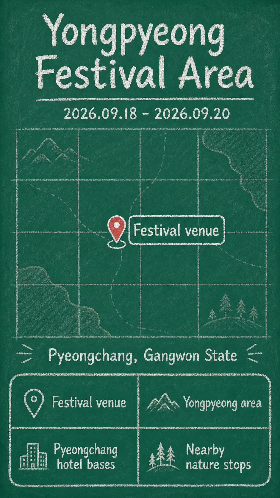 2026 Pyeongchang Nongak and Mountain Food Festival: Dates, Location, and Where to Stay English chalkboard map redrawn from the source map