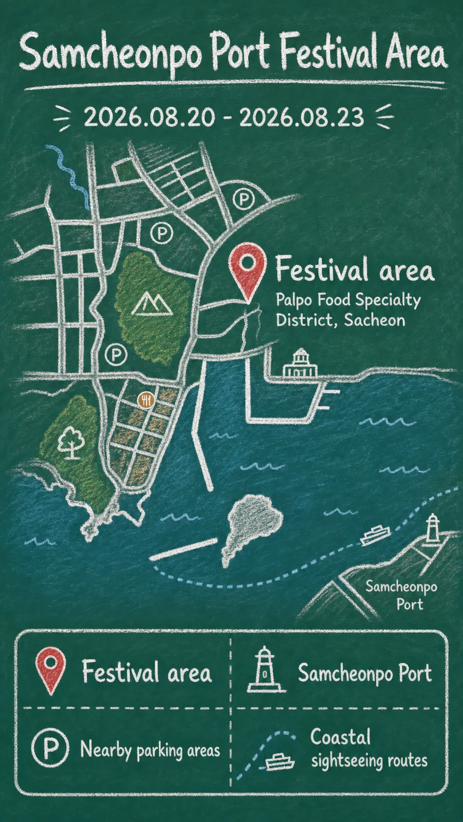 2026 Sacheon Samcheonpo Port Wild Gizzard Shad Festival: Dates, Location, Travel Tips, and Where to Stay English chalkboard map redrawn from the source map