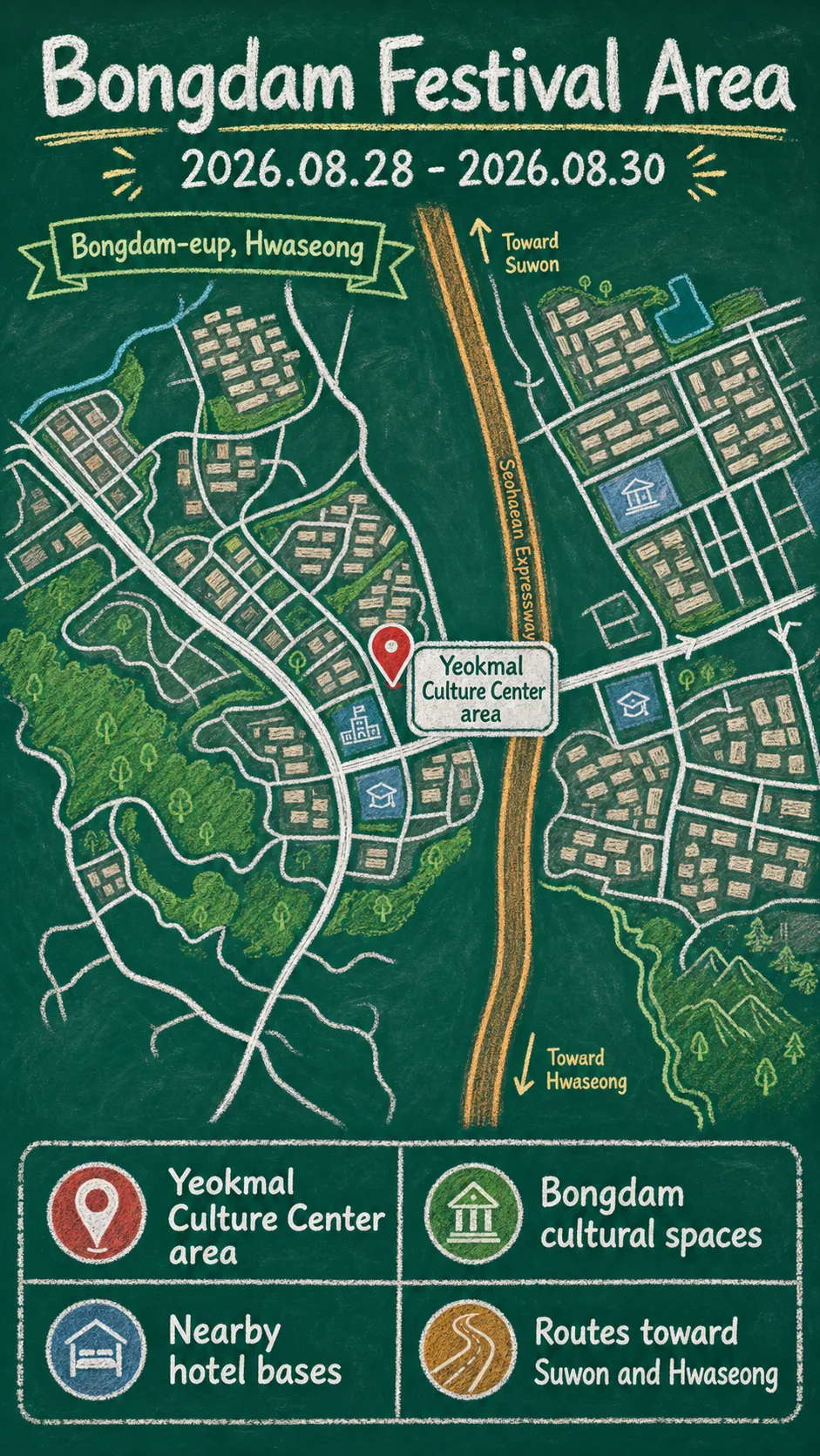 2026 Saengsaeng Uri Music Festival: Where to Stay Around Bongdam, Hwaseong English chalkboard map redrawn from the source map