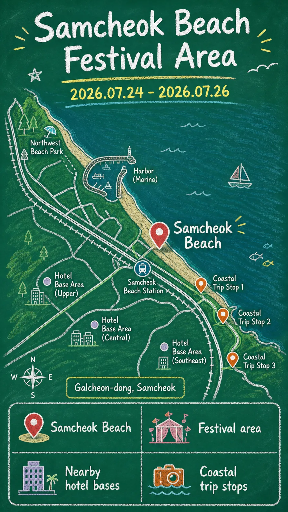 Samcheok Beach Some Festival 2026: Beach Events, Travel Tips and Where to Stay English chalkboard map redrawn from the source map