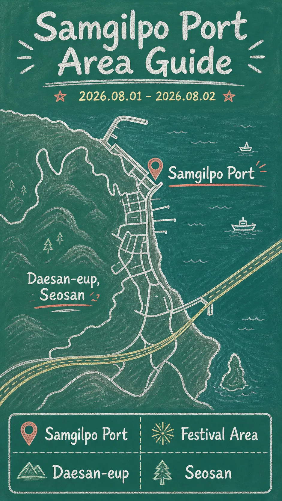 2026 Samgilpo Rockfish Festival Guide: Dates, Location, Travel Tips, and Where to Stay in Seosan English chalkboard map redrawn from the source map